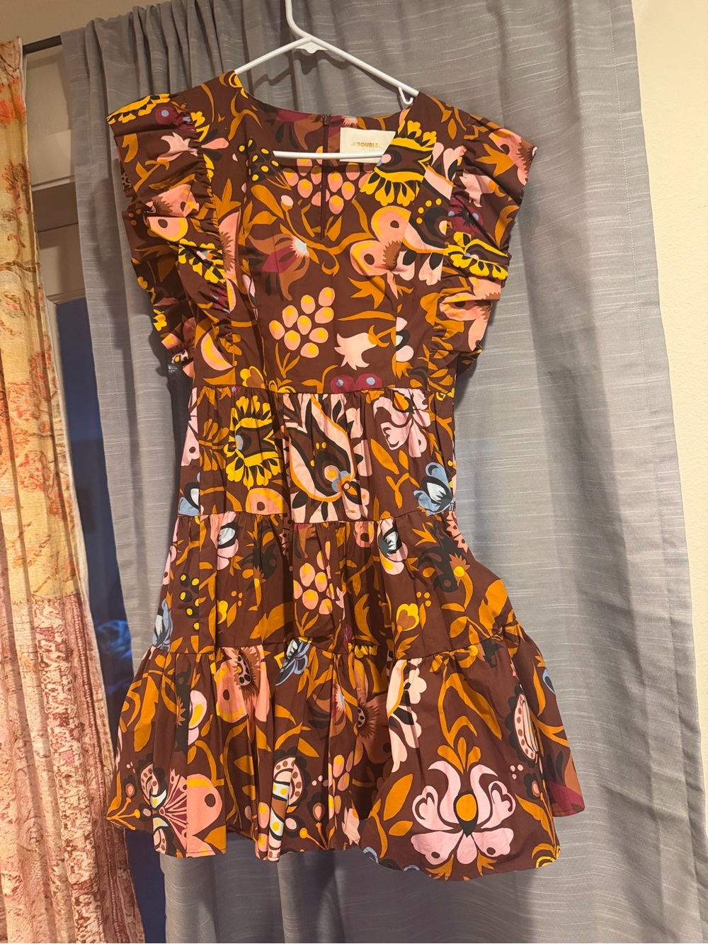 LA DoubleJ Brown Floral Tiered Mini Dress with Pink & Yellow Accents